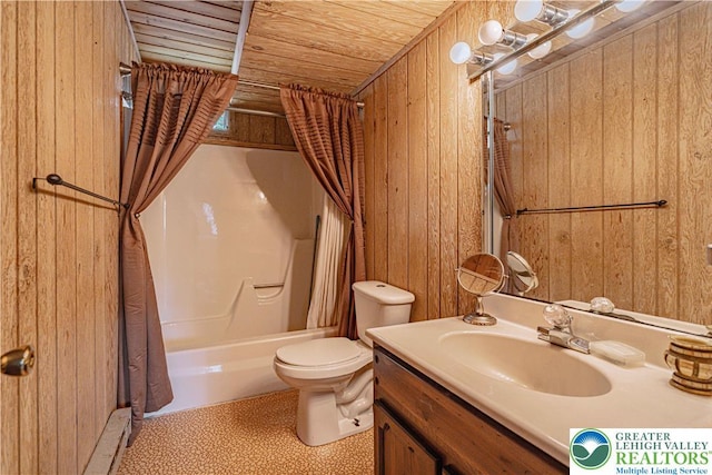 115 Lookout Ct, Middle Smithfield Twp, PA 18302 - full bathroom with wooden walls, vanity, shower / bath combination with curtain, and wooden ceiling
