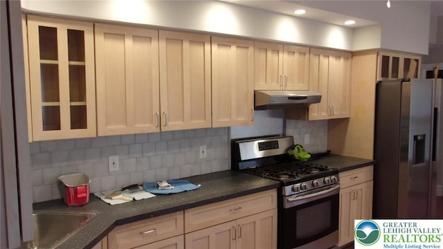 139 N 11th St, Allentown City, PA 18102 - kitchen featuring stainless steel appliances, under cabinet range hood, tasteful backsplash, dark countertops, and recessed lighting
