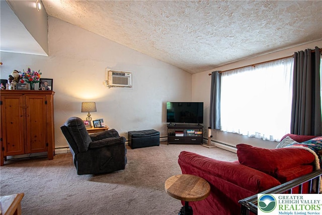 1208 E Susquehanna St, Salisbury Twp, PA 18103 - living room featuring a textured ceiling, lofted ceiling, carpet flooring, a baseboard radiator, and a wall mounted air conditioner