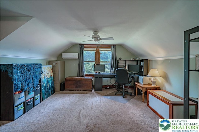 636 School Rd, Plainfield Twp, PA 18064 - carpeted office space featuring ceiling fan, a wall unit AC, and vaulted ceiling