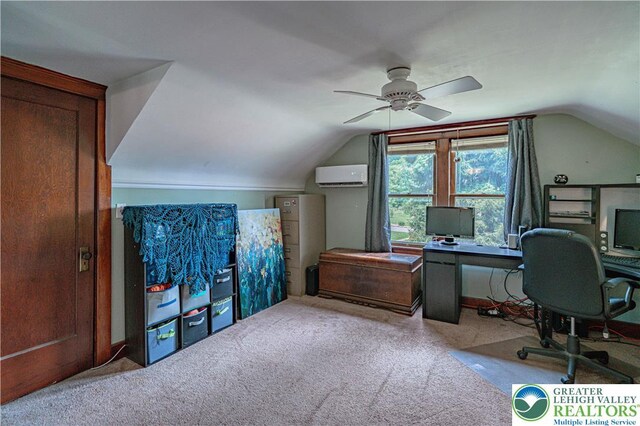 636 School Rd, Plainfield Twp, PA 18064 - office area featuring a wall mounted AC, lofted ceiling, carpet floors, and ceiling fan