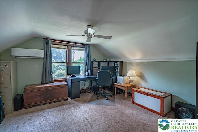 636 School Rd, Plainfield Twp, PA 18064 - carpeted home office featuring a wall mounted air conditioner, vaulted ceiling, and a ceiling fan