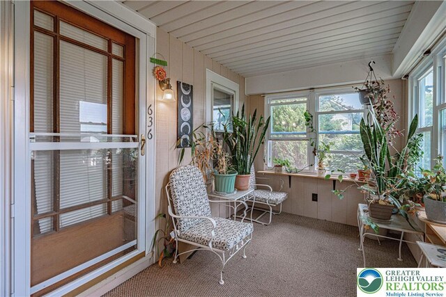 636 School Rd, Plainfield Twp, PA 18064 - sunroom / solarium featuring carpet floors and wooden walls