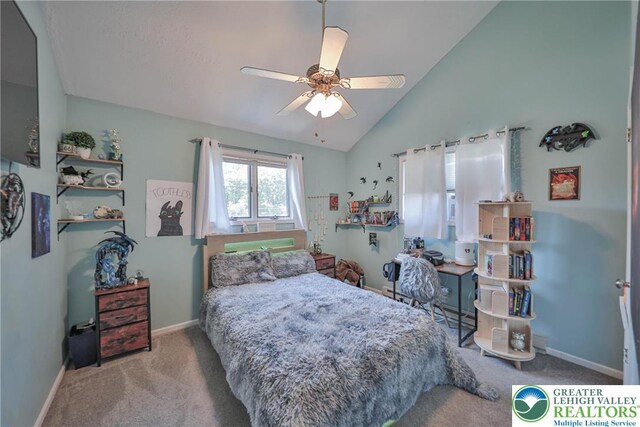 179 Chippewa Trl, Penn Forest Twp, PA 18210 - carpeted bedroom featuring vaulted ceiling and ceiling fan
