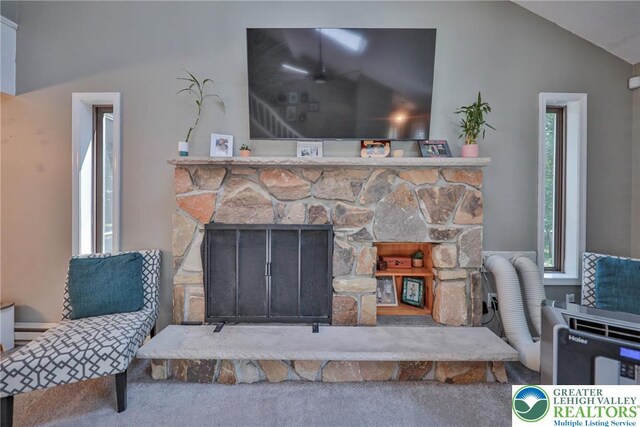 179 Chippewa Trl, Penn Forest Twp, PA 18210 - detailed view of a stone fireplace and carpet