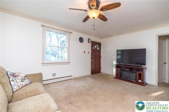 321 Willow Rd, Hellertown Borough, PA 18055 - unfurnished living room featuring a baseboard heating unit, ornamental molding, carpet, and a ceiling fan