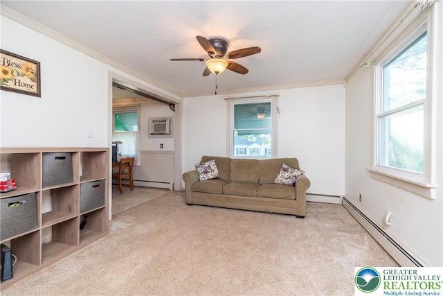 321 Willow Rd, Hellertown Borough, PA 18055 - carpeted living area with a baseboard heating unit, crown molding, a ceiling fan, and a wall mounted AC