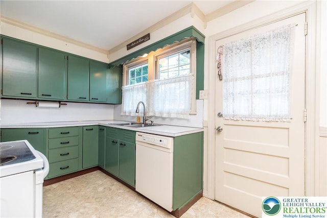 321 Willow Rd, Hellertown Borough, PA 18055 - kitchen featuring green cabinetry, white appliances, light countertops, and crown molding