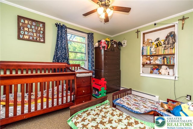 321 Willow Rd, Hellertown Borough, PA 18055 - carpeted bedroom with crown molding, baseboard heating, and a ceiling fan