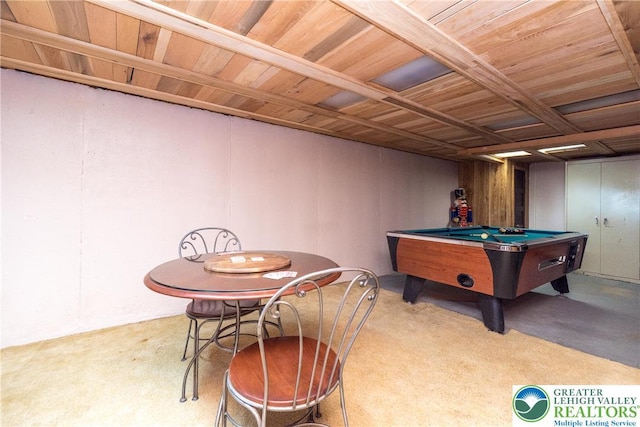 321 Willow Rd, Hellertown Borough, PA 18055 - recreation room featuring wood ceiling, pool table, and carpet floors