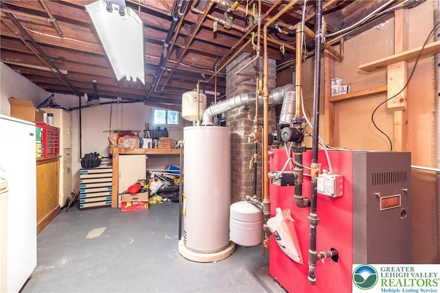321 Willow Rd, Hellertown Borough, PA 18055 - below grade area with gas water heater and freestanding refrigerator