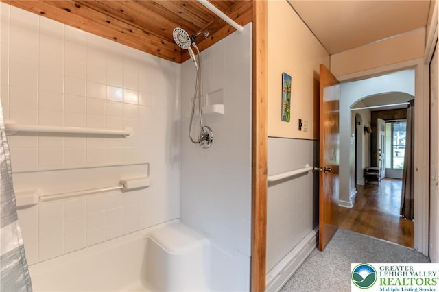 1571 Penn Dr, West Penn Twp, PA 18211 - full bath featuring wooden ceiling and shower / bath combo with shower curtain