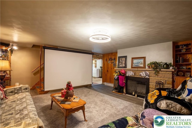 7035 Scenic Dr, Bloomsburg, PA 17815 - cinema room featuring a stone fireplace and wood finished floors