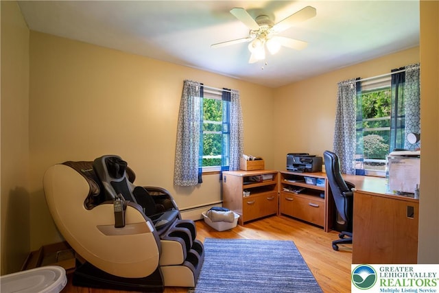 7035 Scenic Dr, Bloomsburg, PA 17815 - office area featuring a baseboard radiator, plenty of natural light, light wood-style flooring, and a ceiling fan