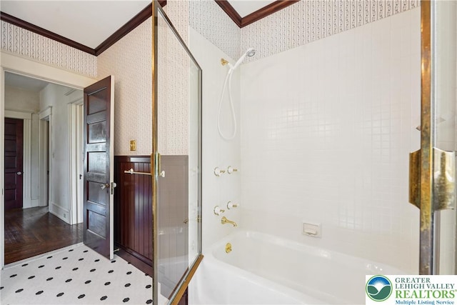 200 W Pierce St, Easton, PA 18042 - bathroom featuring wallpapered walls, crown molding, shower / bathtub combination, wainscoting, and tile patterned floors