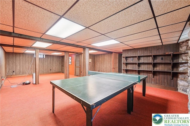 200 W Pierce St, Easton, PA 18042 - rec room with a drop ceiling, carpet floors, and wooden walls