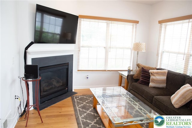 607 Prestwick Dr, Williams Twp, PA 18042 - living room with wood finished floors, plenty of natural light, and a glass covered fireplace
