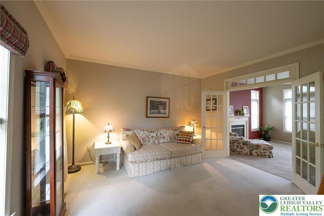 5900 Wayside Dr, Lower Macungie Twp, PA 18062 - carpeted living area with french doors and crown molding