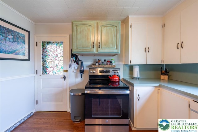 103 A St, Wind Gap Boro, PA 18091 - kitchen with electric stove, light countertops, wood finished floors, and crown molding
