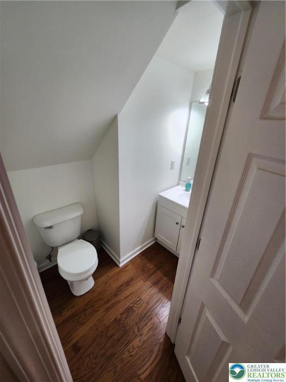 7 Twelve Oaks Trl, Chestnuthill Twp, PA 18353 - half bath featuring wood finished floors, vanity, and lofted ceiling