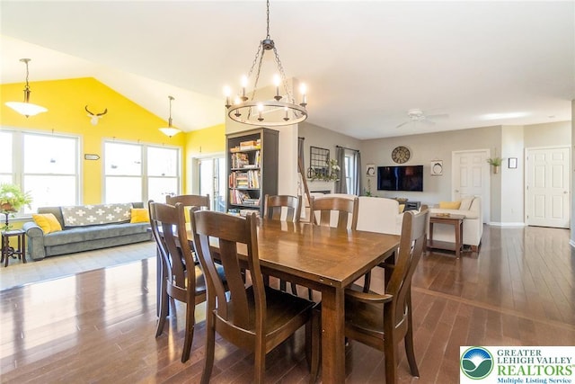 21 Millbrook Ct, Palmer Twp, PA 18045 - dining room with dark wood finished floors, a chandelier, vaulted ceiling, and ceiling fan