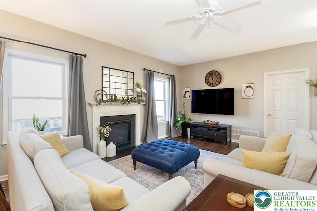 21 Millbrook Ct, Palmer Twp, PA 18045 - living room with dark wood-style floors, a glass covered fireplace, and ceiling fan