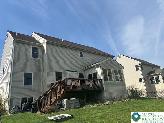 21 Millbrook Ct, Palmer Twp, PA 18045 - rear view of house with stairway, a wooden deck, and a sunroom