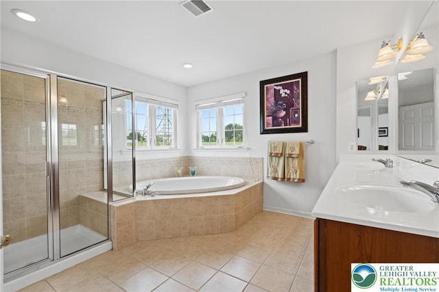 123 Clover Hollow Rd, Easton, PA 18045 - bathroom with tile patterned flooring, double vanity, a garden tub, and a shower stall