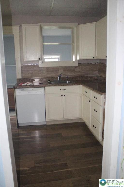 303 Berks, Palmer Twp, PA 18045 - kitchen with dishwasher, white cabinetry, backsplash, dark countertops, and dark wood-style flooring