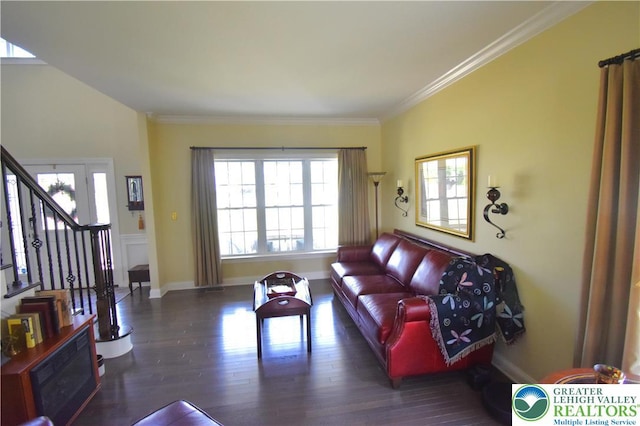 4323 Saratoga Dr, Lower Nazareth Twp, PA 18020 - living room with stairway, healthy amount of natural light, wood finished floors, and crown molding