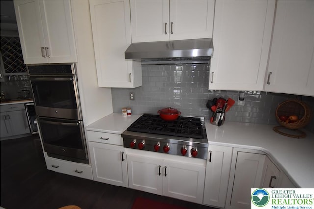4323 Saratoga Dr, Lower Nazareth Twp, PA 18020 - kitchen featuring under cabinet range hood, appliances with stainless steel finishes, light countertops, decorative backsplash, and white cabinetry