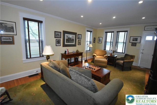 407 W Burke St, Easton, PA 18042 - living area featuring ornamental molding, wood finished floors, and recessed lighting