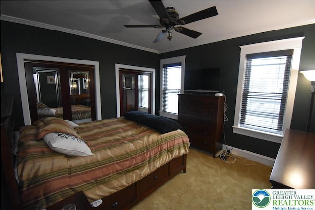 407 W Burke St, Easton, PA 18042 - bedroom with carpet floors, multiple windows, crown molding, and a ceiling fan