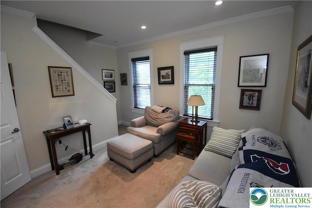 407 W Burke St, Easton, PA 18042 - living room with stairs, recessed lighting, light carpet, and ornamental molding