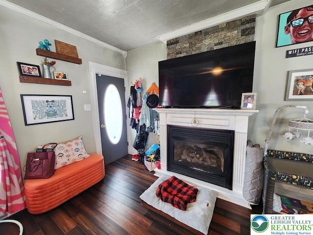 14 W 10th St, Jim Thorpe Borough, PA 18229 - living area featuring a glass covered fireplace, crown molding, and wood finished floors