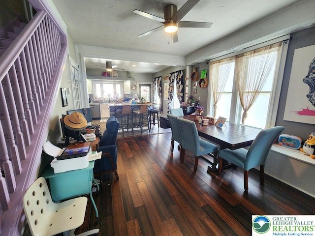 14 W 10th St, Jim Thorpe Borough, PA 18229 - dining area with ceiling fan, stairs, and dark wood-style floors