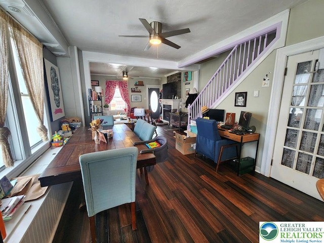 14 W 10th St, Jim Thorpe Borough, PA 18229 - dining area featuring ceiling fan, wood finished floors, and stairway