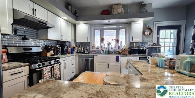 14 W 10th St, Jim Thorpe Borough, PA 18229 - kitchen featuring stainless steel appliances, under cabinet range hood, white cabinets, and tasteful backsplash