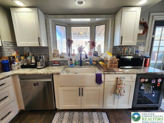 14 W 10th St, Jim Thorpe Borough, PA 18229 - kitchen with appliances with stainless steel finishes, white cabinets, beverage cooler, backsplash, and open shelves