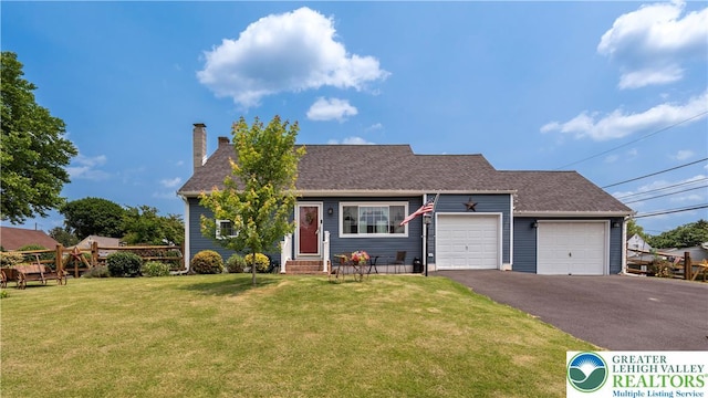 3063 Clearview St, Palmer Twp, PA 18045 - view of front facade featuring a chimney, asphalt driveway, a garage, a front lawn, and a shingled roof