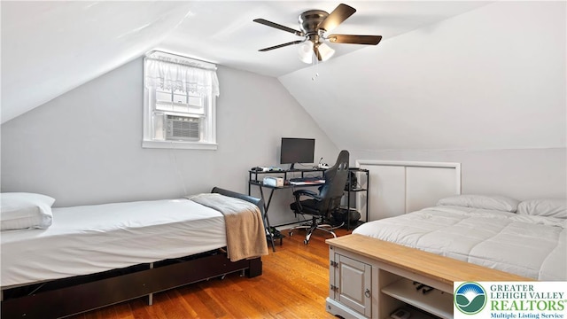 3063 Clearview St, Palmer Twp, PA 18045 - bedroom with wood finished floors, lofted ceiling, a ceiling fan, and cooling unit