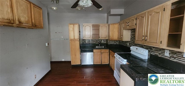 2463 Hillside Ave, Wilson Boro, PA 18042 - kitchen featuring white electric range oven, dishwasher, open shelves, dark countertops, and backsplash