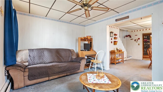 107 B St, Pen Argyl Boro, PA 18072 - living area featuring a drop ceiling, ceiling fan, baseboard heating, carpet floors, and stairs