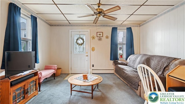 107 B St, Pen Argyl Boro, PA 18072 - living area with a drop ceiling, ceiling fan, carpet flooring, and baseboard heating