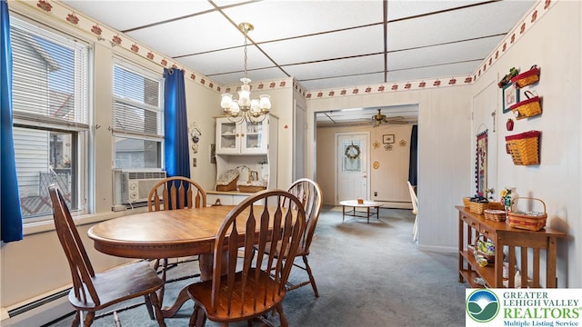 107 B St, Pen Argyl Boro, PA 18072 - dining area with cooling unit, a baseboard heating unit, ceiling fan, a chandelier, and carpet