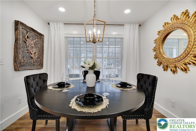 119 Tenicum Trl, Coolbaugh Twp, PA 18347 - dining space with a chandelier, wood finished floors, healthy amount of natural light, and recessed lighting