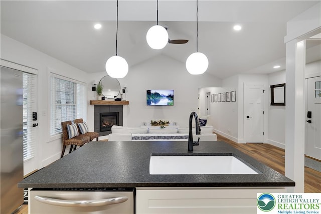 119 Tenicum Trl, Coolbaugh Twp, PA 18347 - kitchen featuring stainless steel appliances, wood finished floors, open floor plan, white cabinets, and a fireplace