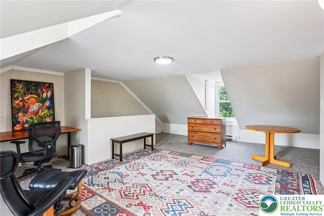 337 N 10th St, Allentown City, PA 18102 - office area with lofted ceiling, baseboard heating, and carpet