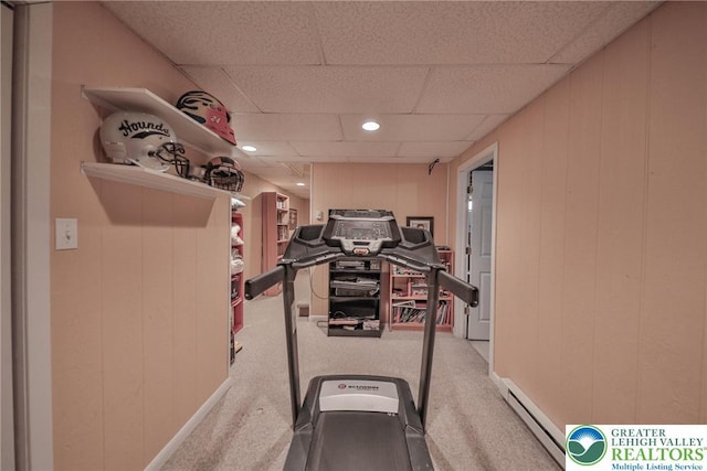 106 Fernwood Dr, Forks Twp, PA 18040 - exercise area featuring a baseboard heating unit, carpet, and a paneled ceiling