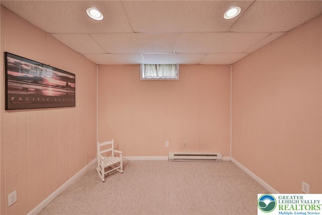 106 Fernwood Dr, Forks Twp, PA 18040 - below grade area with a baseboard heating unit, carpet floors, a paneled ceiling, and recessed lighting